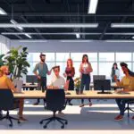 Espacio moderno de coworking con empresarios jóvenes colaborando en un ambiente corporativo