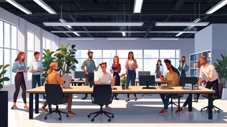 Espacio moderno de coworking con empresarios jóvenes colaborando en un ambiente corporativo