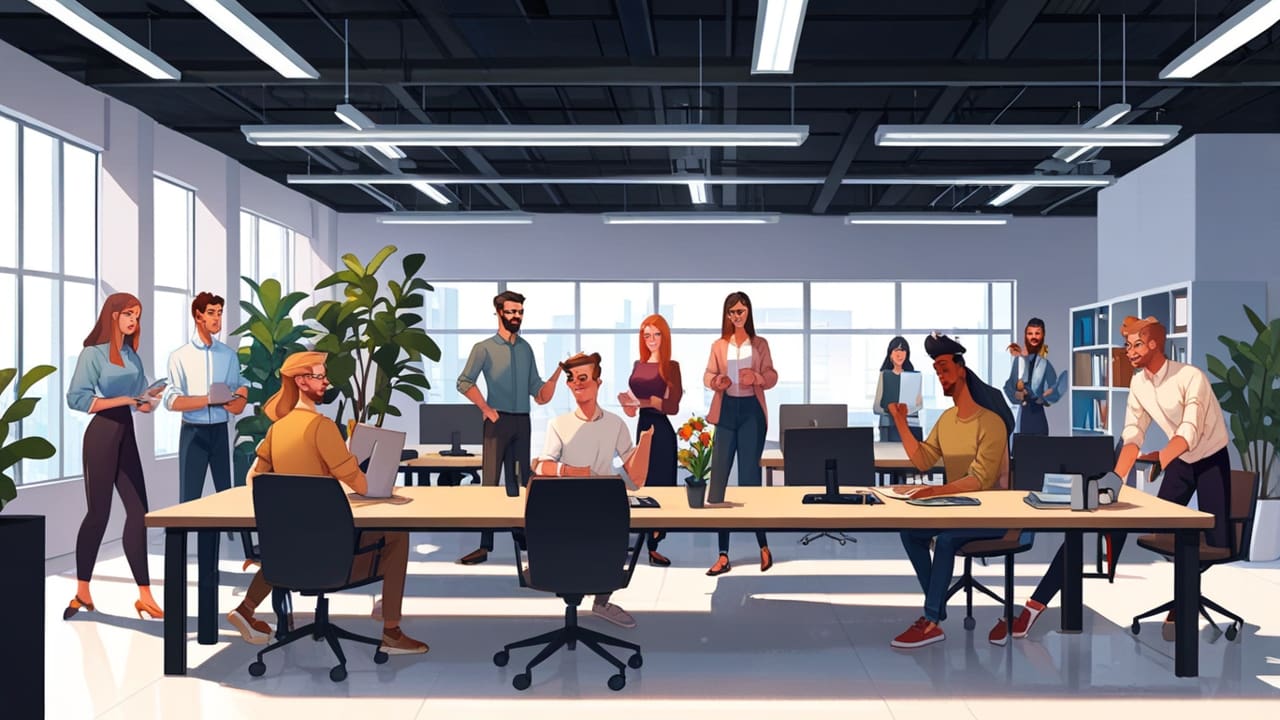 Espacio moderno de coworking con empresarios jóvenes colaborando en un ambiente corporativo