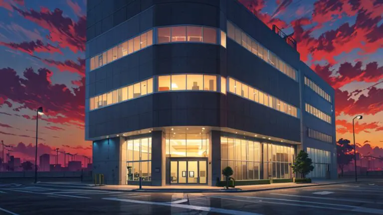 Edificio moderno de una startup tecnológica en un entorno urbano al atardecer