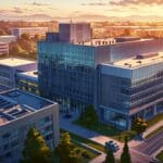 Vista aérea de un edificio gubernamental y un moderno campus tecnológico al atardecer