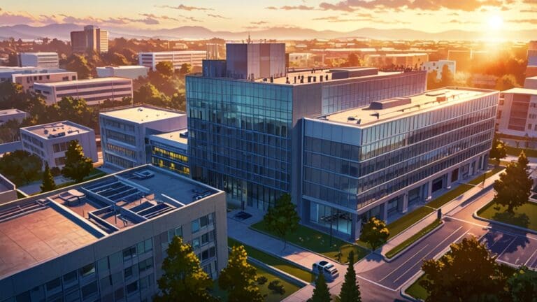 Vista aérea de un edificio gubernamental y un moderno campus tecnológico al atardecer