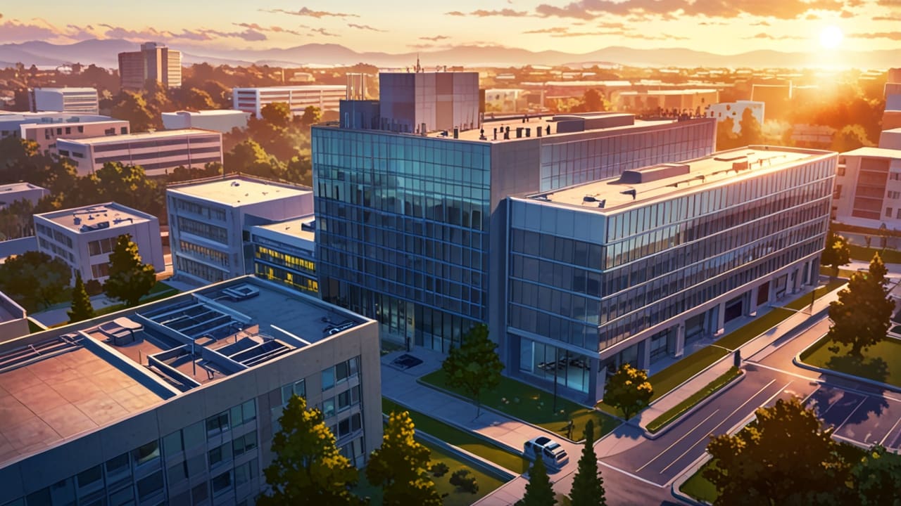 Vista aérea de un edificio gubernamental y un moderno campus tecnológico al atardecer