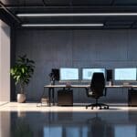 Oficina gubernamental con tecnología moderna y ordenadores sobre escritorios iluminados