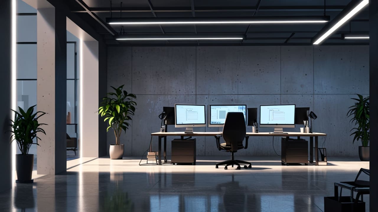 Oficina gubernamental con tecnología moderna y ordenadores sobre escritorios iluminados