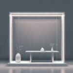 Dispositivo de IA futurista en una mesa de diseño minimalista con luces LED.