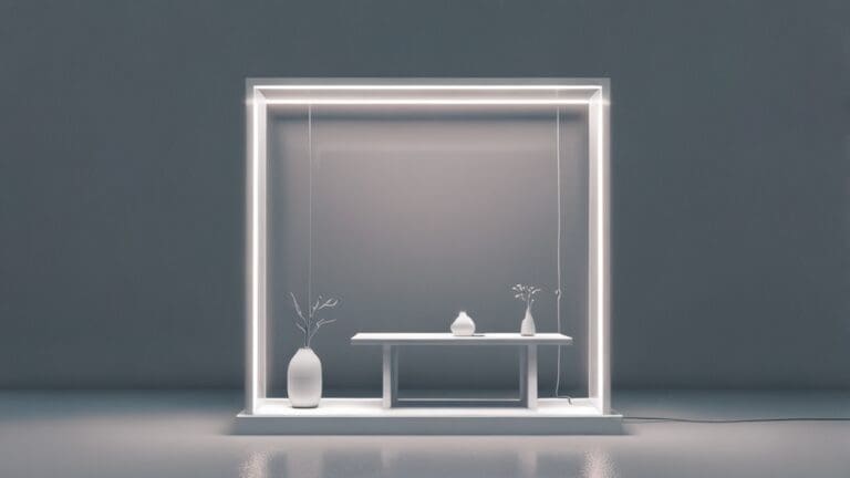 Dispositivo de IA futurista en una mesa de diseño minimalista con luces LED.