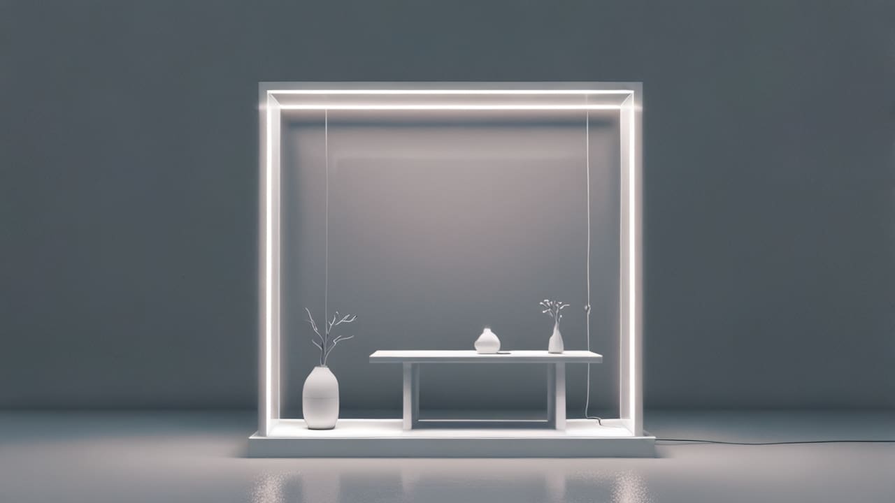Dispositivo de IA futurista en una mesa de diseño minimalista con luces LED.
