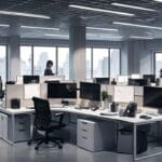 Oficinas modernas con tecnología avanzada y empleados trabajando en escritorios