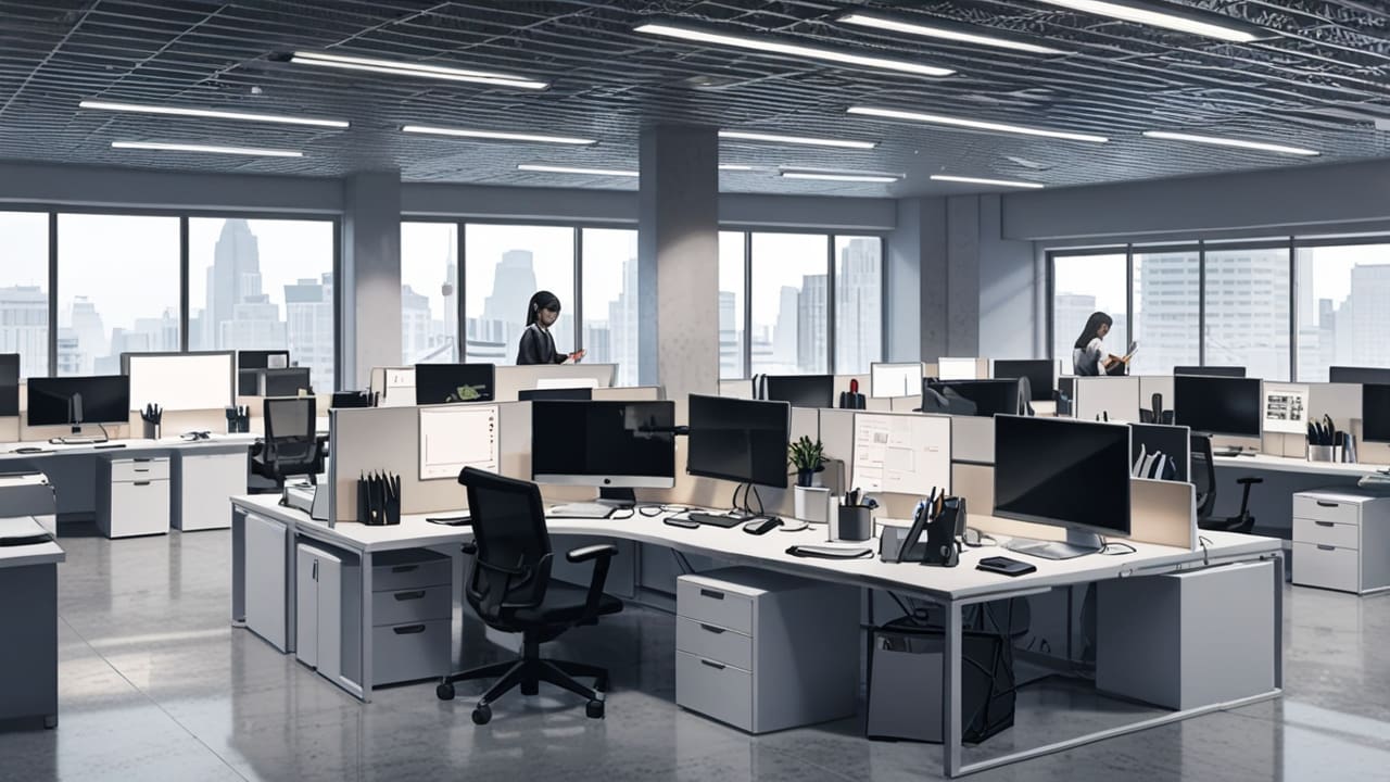 Oficinas modernas con tecnología avanzada y empleados trabajando en escritorios