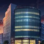 Edificio moderno de startup tecnológica con vistas a un entorno urbano al atardecer