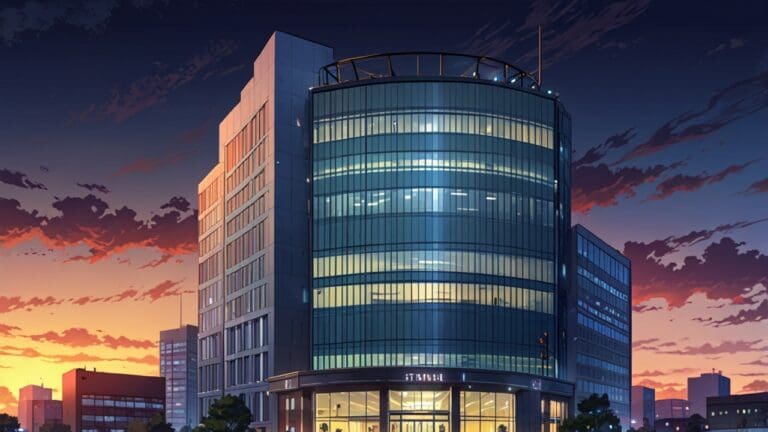 Edificio moderno de startup tecnológica con vistas a un entorno urbano al atardecer