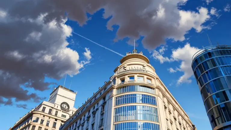 Edificios modernos y tecnológicos en el centro de Madrid con cielo claro