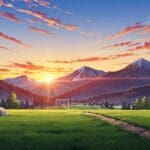 Paisaje montañoso al amanecer con senderos para actividades al aire libre