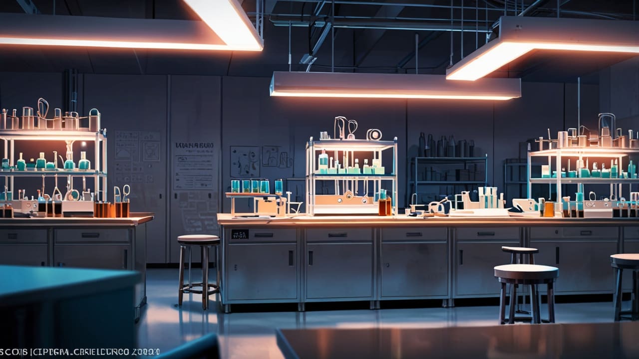 Moderno laboratorio tecnológico con tubos de ensayo y microscopios iluminados