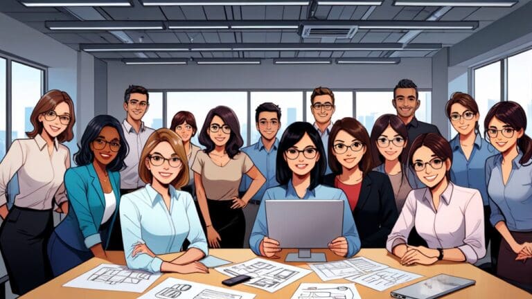 Oficina moderna con un grupo de emprendedores trabajando de manera colaborativa.