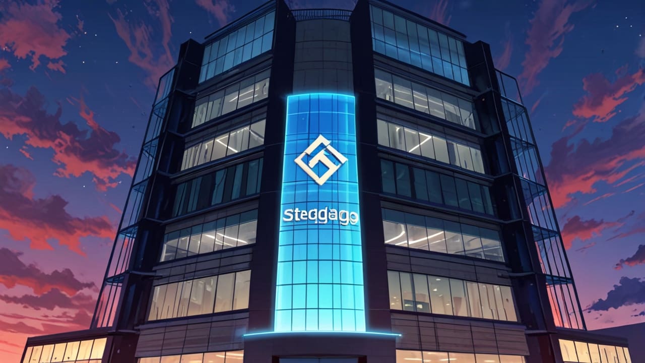 Edificio moderno con logotipos de startups tecnológicas al anochecer