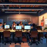 Representación moderna de jóvenes empresarios vietnamitas colaborando en un espacio de coworking con tecnología avanzada.