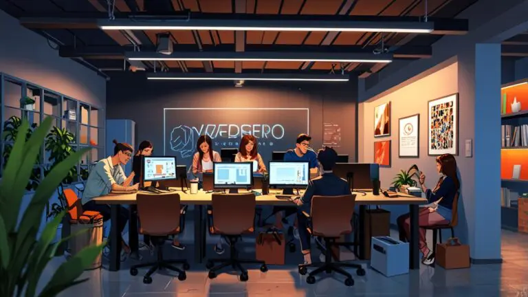 Representación moderna de jóvenes empresarios vietnamitas colaborando en un espacio de coworking con tecnología avanzada.