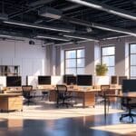 Espacio de coworking moderno con computadoras portátiles y pizarras digitales
