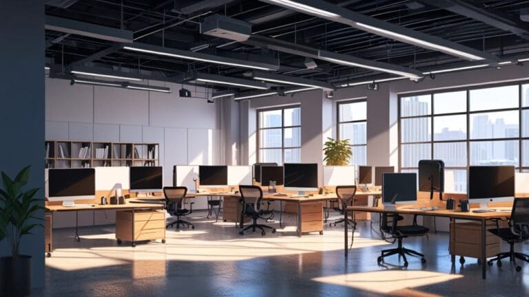 Espacio de coworking moderno con computadoras portátiles y pizarras digitales