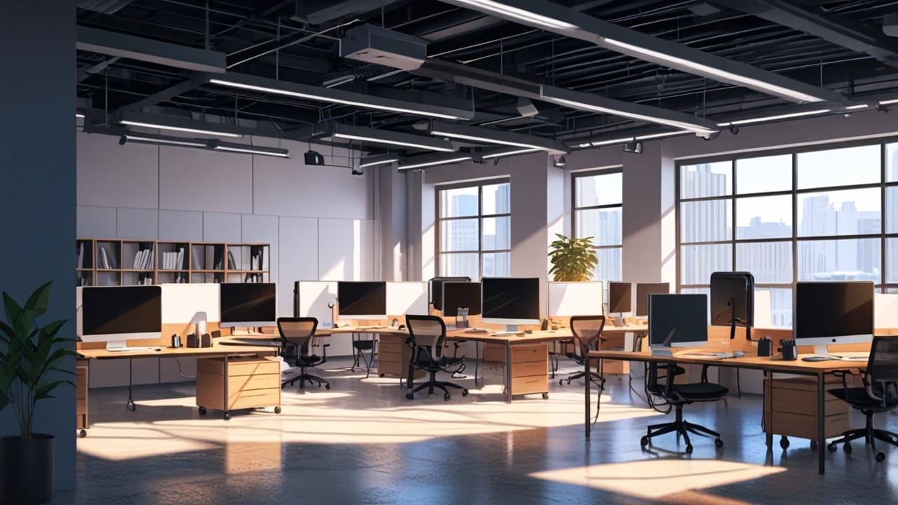 Espacio de coworking moderno con computadoras portátiles y pizarras digitales