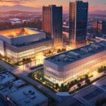 Vista aérea de un moderno centro de innovación tecnológica al atardecer