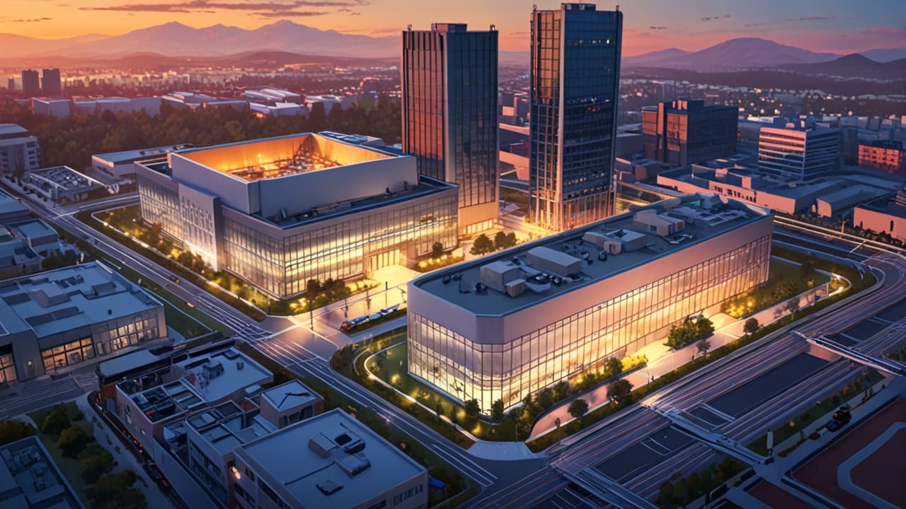 Vista aérea de un moderno centro de innovación tecnológica al atardecer