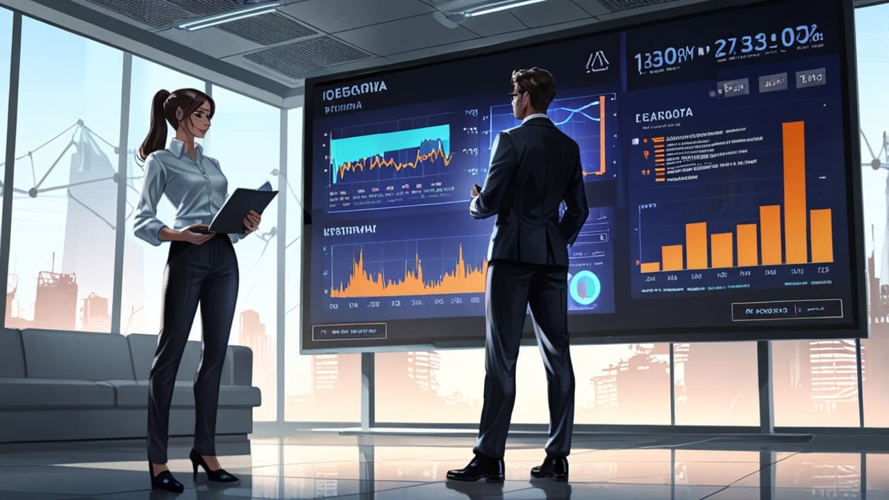 Oficina moderna y futurista con pantallas digitales mostrando datos financieros.