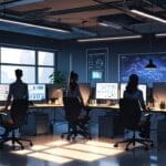 Imagen de una oficina moderna con un equipo de emprendedores trabajando en tecnología energética.