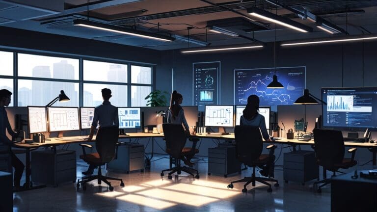 Imagen de una oficina moderna con un equipo de emprendedores trabajando en tecnología energética.