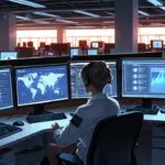 Oficina moderna con computadoras mostrando software de inteligencia artificial en uso