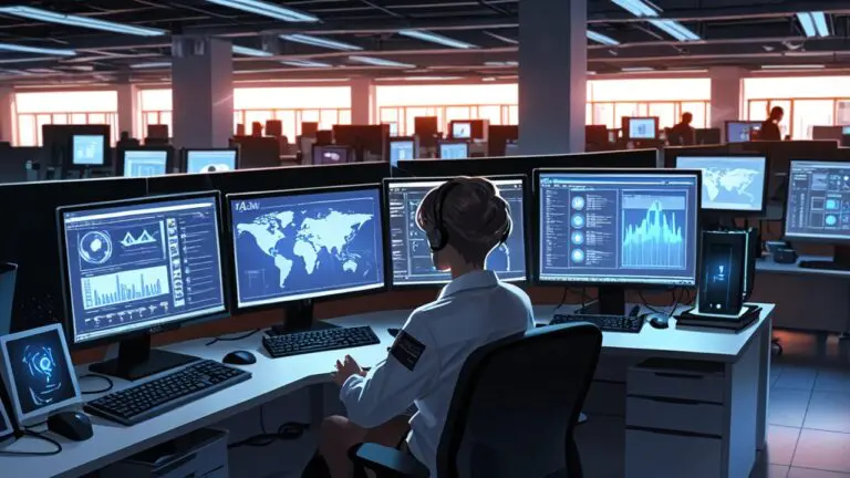 Oficina moderna con computadoras mostrando software de inteligencia artificial en uso