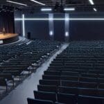 Auditorio moderno con una presentación sobre oportunidades para startups tecnológicas