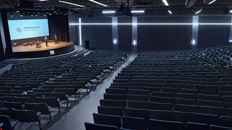 Auditorio moderno con una presentación sobre oportunidades para startups tecnológicas