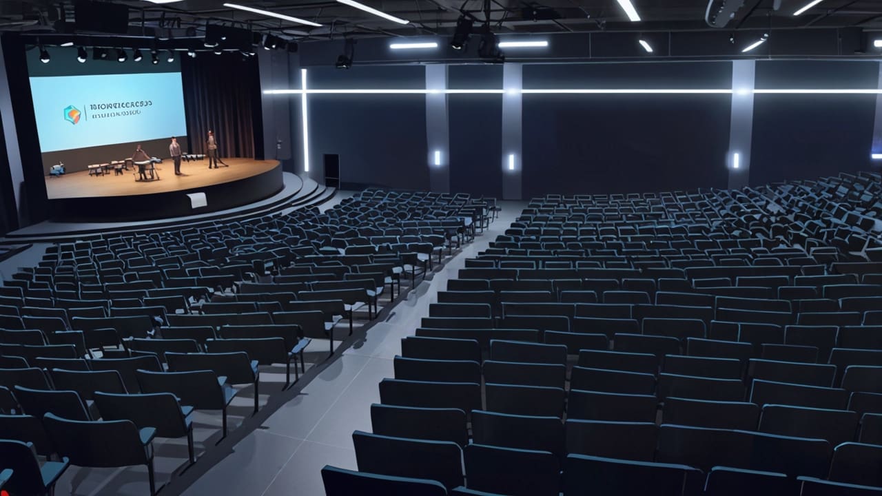 Auditorio moderno con una presentación sobre oportunidades para startups tecnológicas
