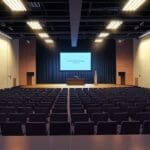 Interior de un centro de conferencias lleno de público durante un evento tecnológico