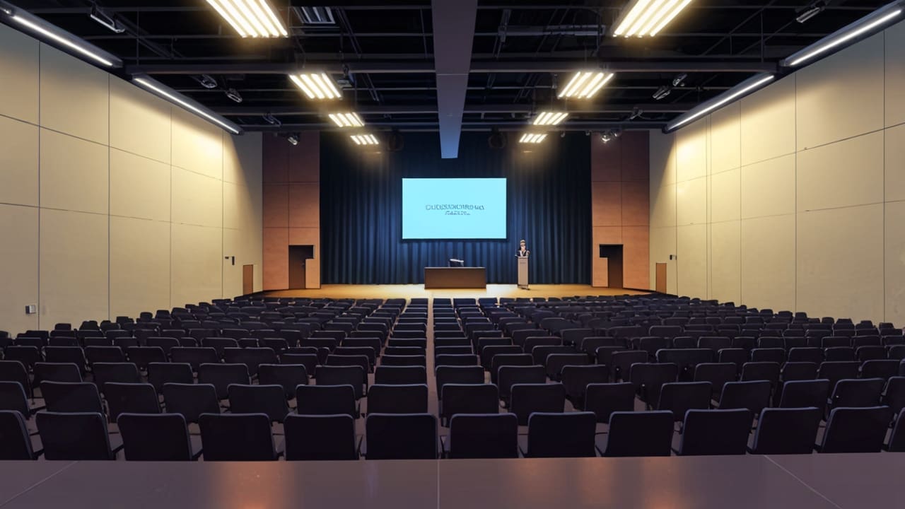 Interior de un centro de conferencias lleno de público durante un evento tecnológico
