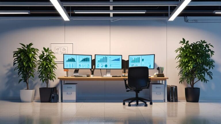 Oficinas modernas de una startup tecnológica con computadoras y gráficos de IA en pantallas