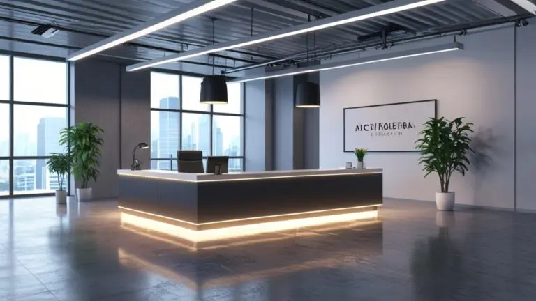 Oficina moderna de empresa tecnológica con escritorios vacíos y luz natural