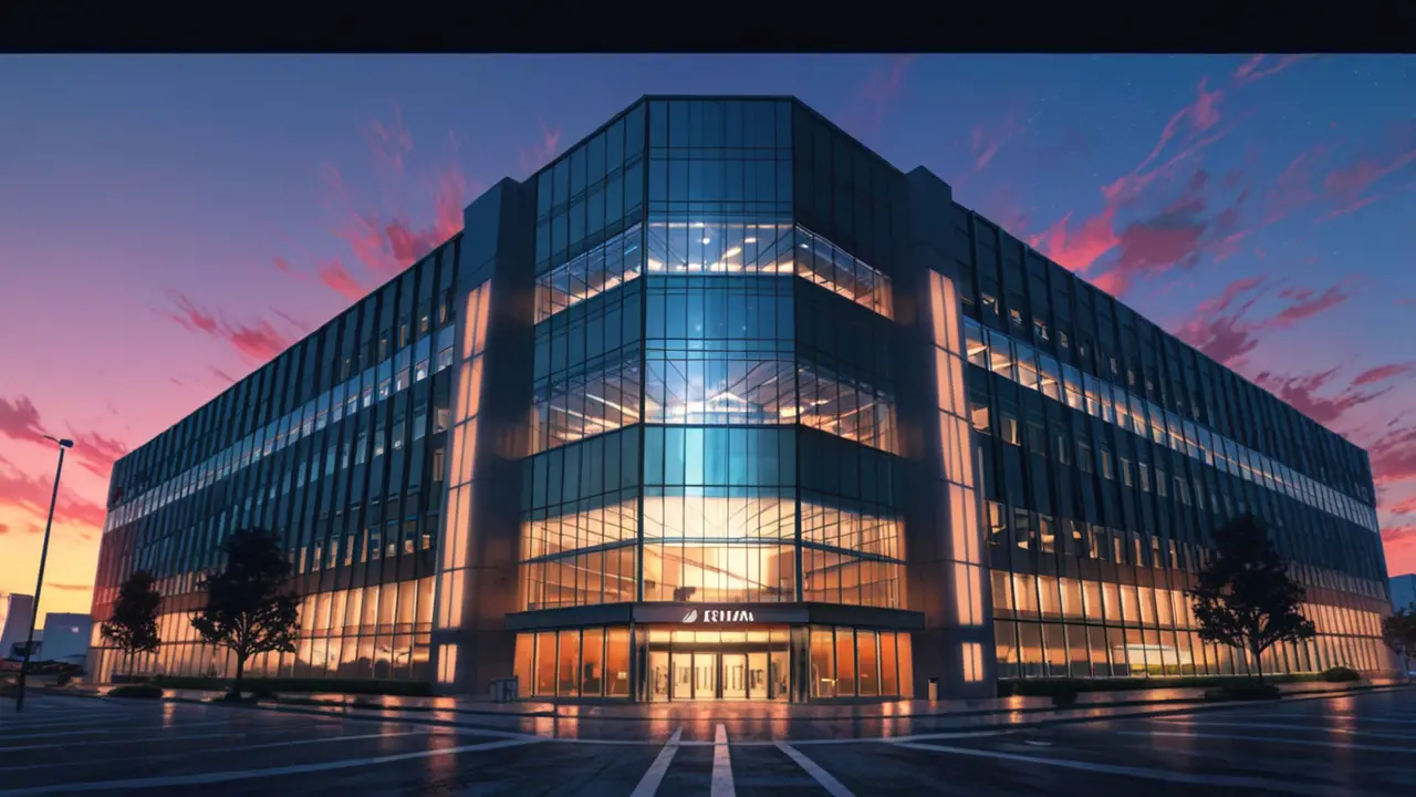 Edificio corporativo moderno en ciudad tecnológica latinoamericana al atardecer