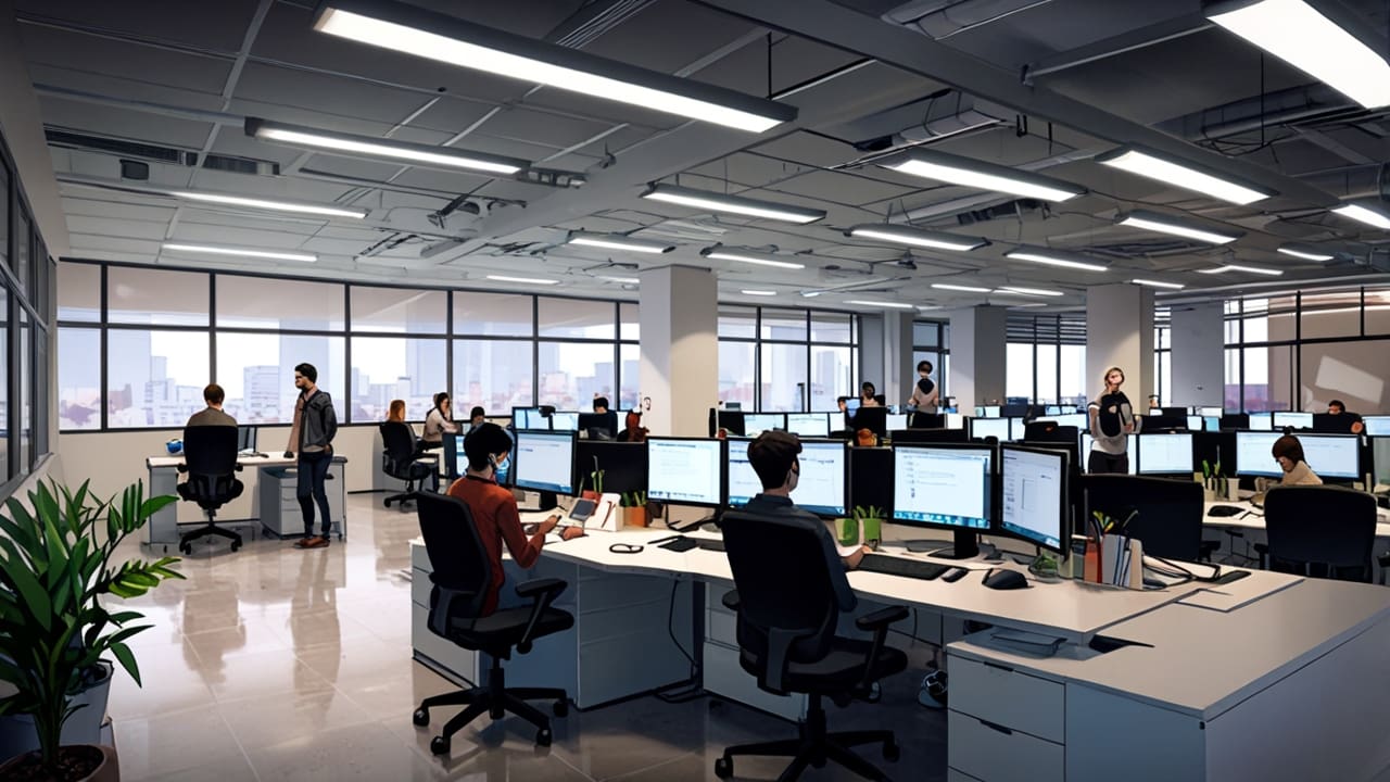 Oficinas modernas y tecnológicas de una aceleradora de startups en Santiago de Chile, con equipos de trabajo colaborando.