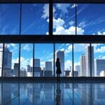 Vista moderna de un centro tecnológico con rascacielos y cielo despejado