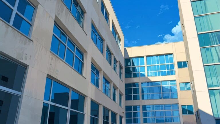 Edificios modernos de un campus universitario bajo un cielo azul claro