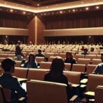 Jóvenes profesionales reunidos en una sala de conferencias moderna con equipo tecnológico avanzado.
