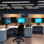 Oficinas modernas de una startup tecnológica con pantallas digitales y mesas de trabajo.