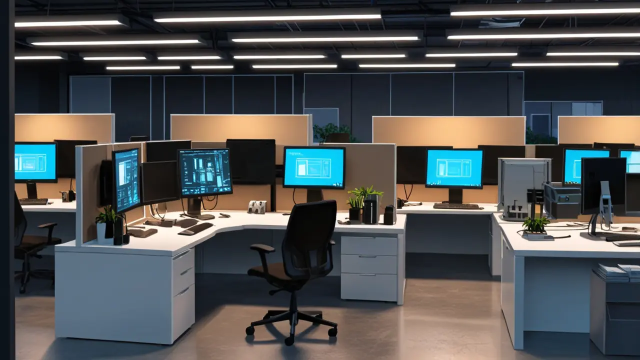 Oficinas modernas de una startup tecnológica con pantallas digitales y mesas de trabajo.