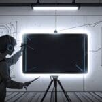 Decorado de arte indígena con tabletas mostrando gráficos de innovación tecnológica