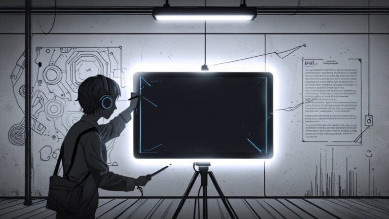 Decorado de arte indígena con tabletas mostrando gráficos de innovación tecnológica