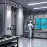 Vista interior de un laboratorio moderno de fusión nuclear con tecnología avanzada y pantallas de datos.